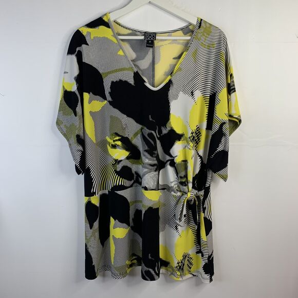 Clara Sun Woo Plus 2X Top Side Tie Tunic Yellow Black Floral Stripe Print Blouse - Picture 3 of 8